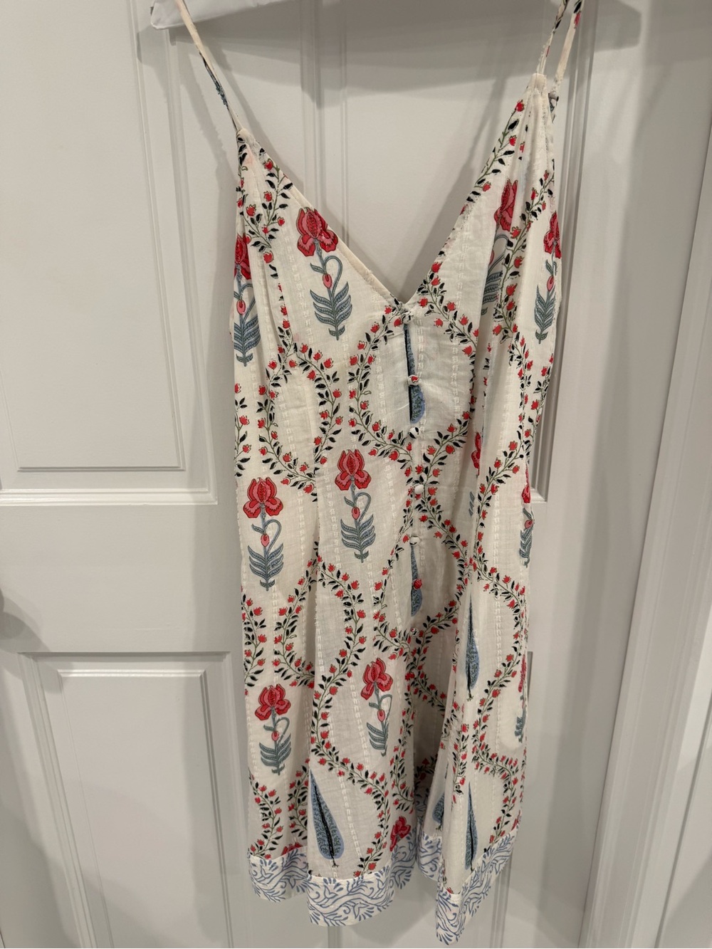 NIBI-MTK Block Print Floral Mini Dress Ivory Red Blue Montauk Resort S - Picture 2 of 4
